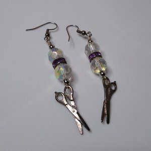 Vintage Glass Bead Metal Scissors Dangle Earrings